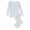 Blue and white striped pajama set on a white background