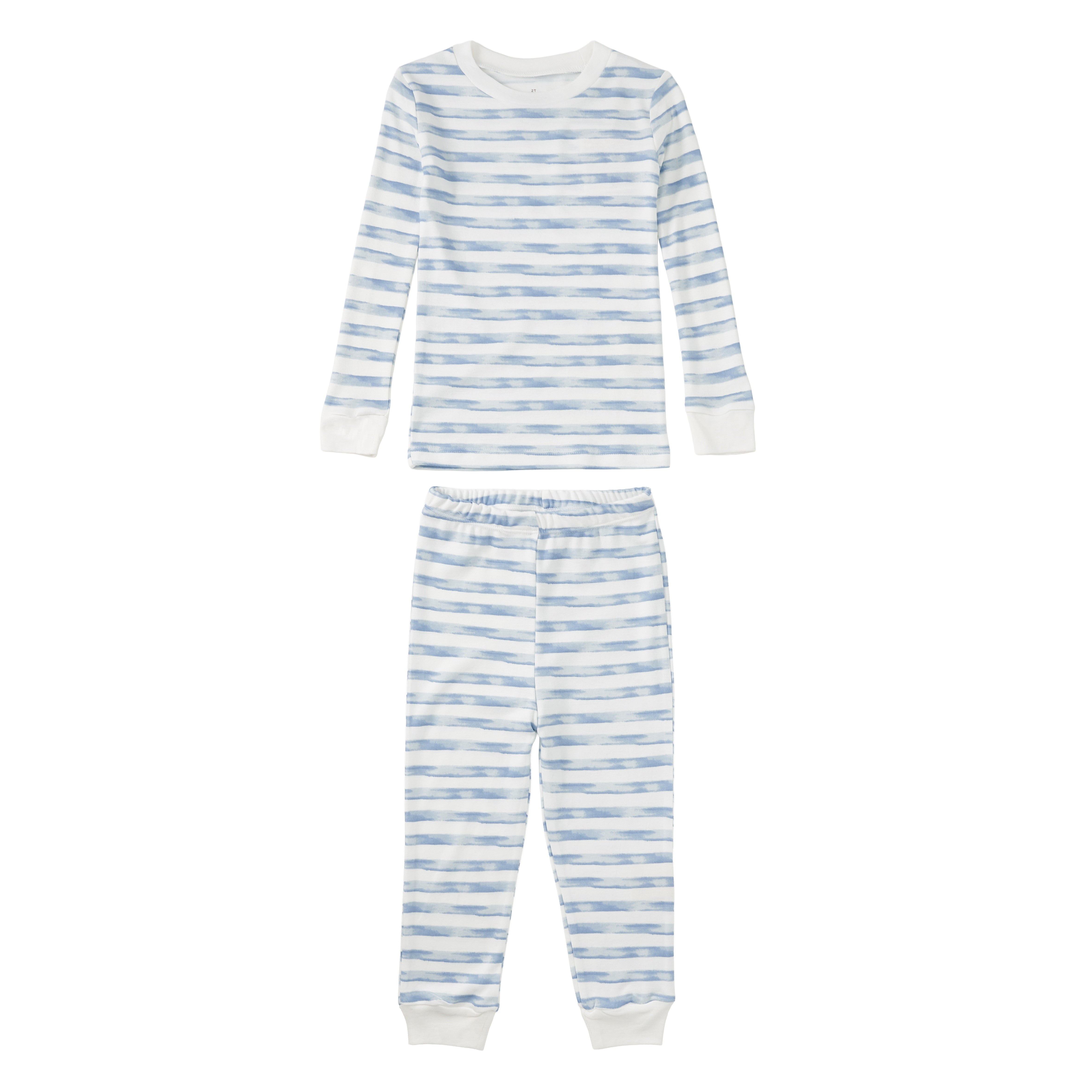 Apple Park Breezy Bay Stripe bamboo blend kids pajama set flat lay — blue coastal stripe long sleeve top and pants