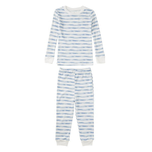 Apple Park Breezy Bay Stripe bamboo blend kids pajama set flat lay — blue coastal stripe long sleeve top and pants
