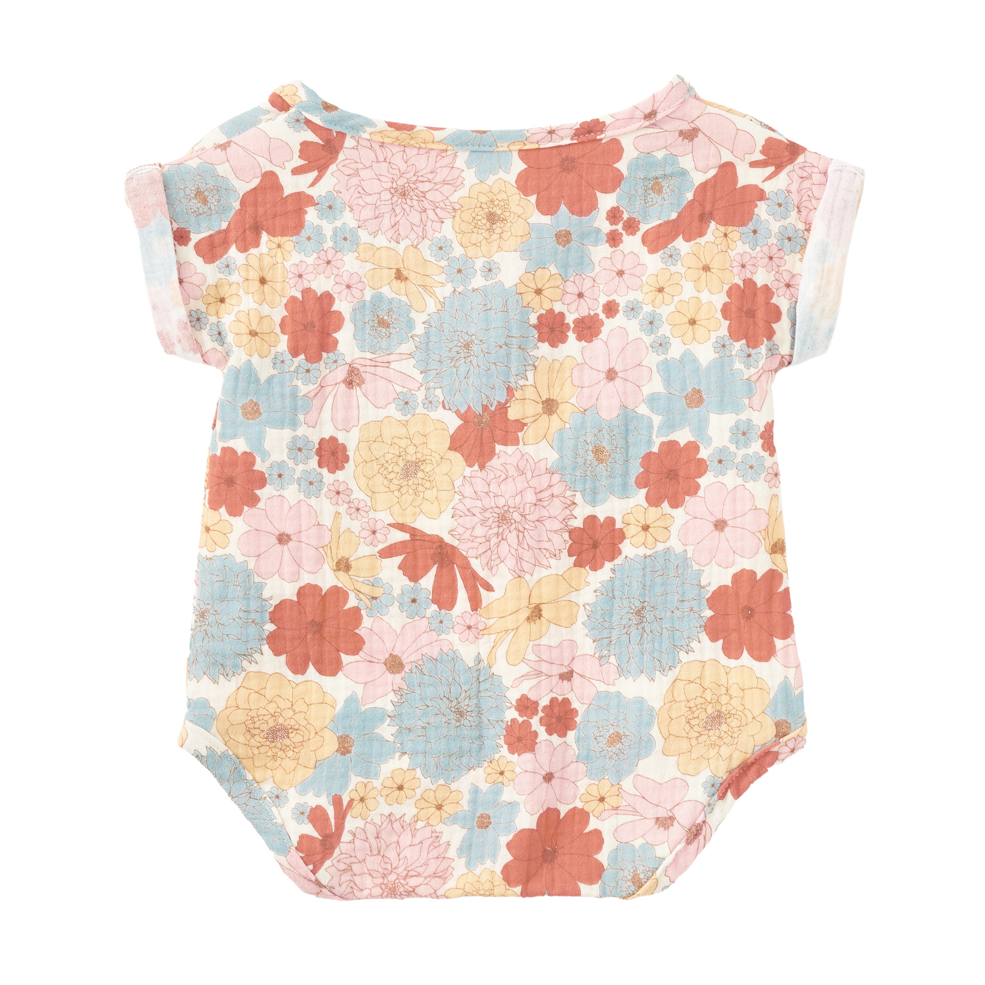 Flat lay of Apple Park organic muslin wrap-front bubble romper in warm-toned Wildflower Picnic print