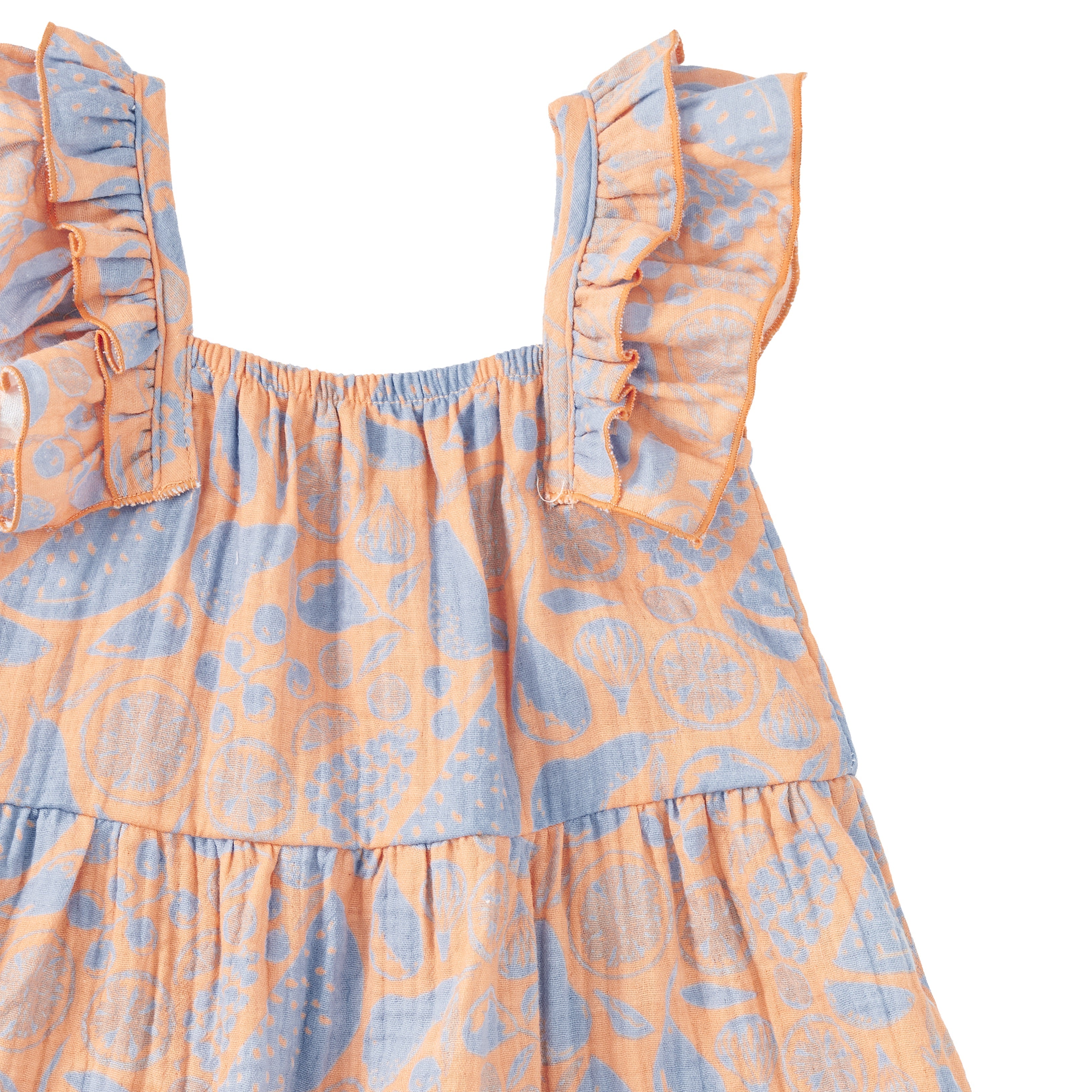 Flat lay of Apple Park organic muslin flutter strap dress in Summer Bounty fruit print for babies and toddlers