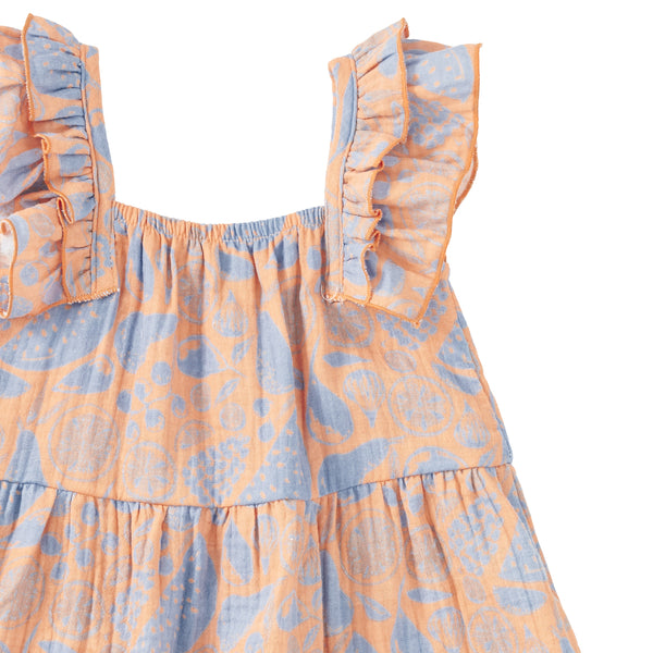 Flat lay of Apple Park organic muslin flutter strap dress in Summer Bounty fruit print for babies and toddlers