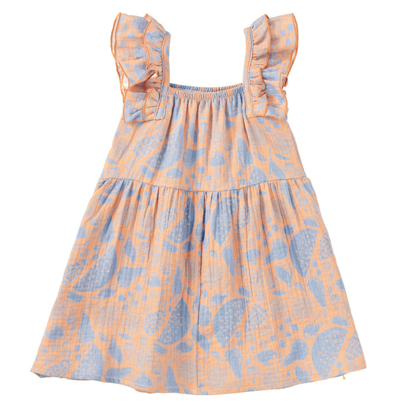 Toddler girl wearing organic cotton muslin flutter strap dress in Summer Bounty fruit print with pears, berries and citrus