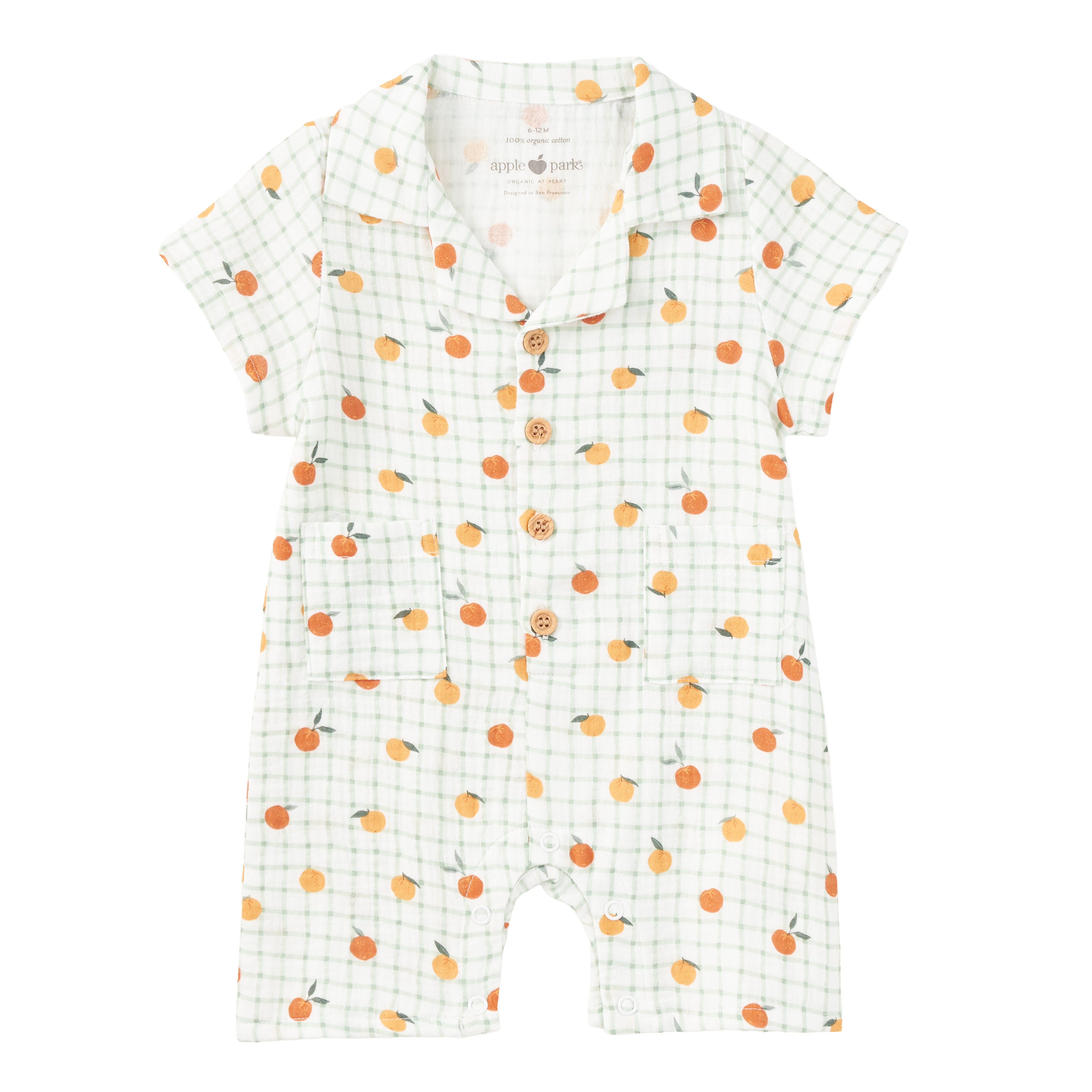 Apple Park Muslin Cabana Romper in Gingham Grove – organic cotton baby romper with green gingham and citrus print