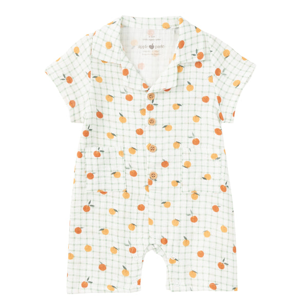 Apple Park Muslin Cabana Romper in Gingham Grove – organic cotton baby romper with green gingham and citrus print