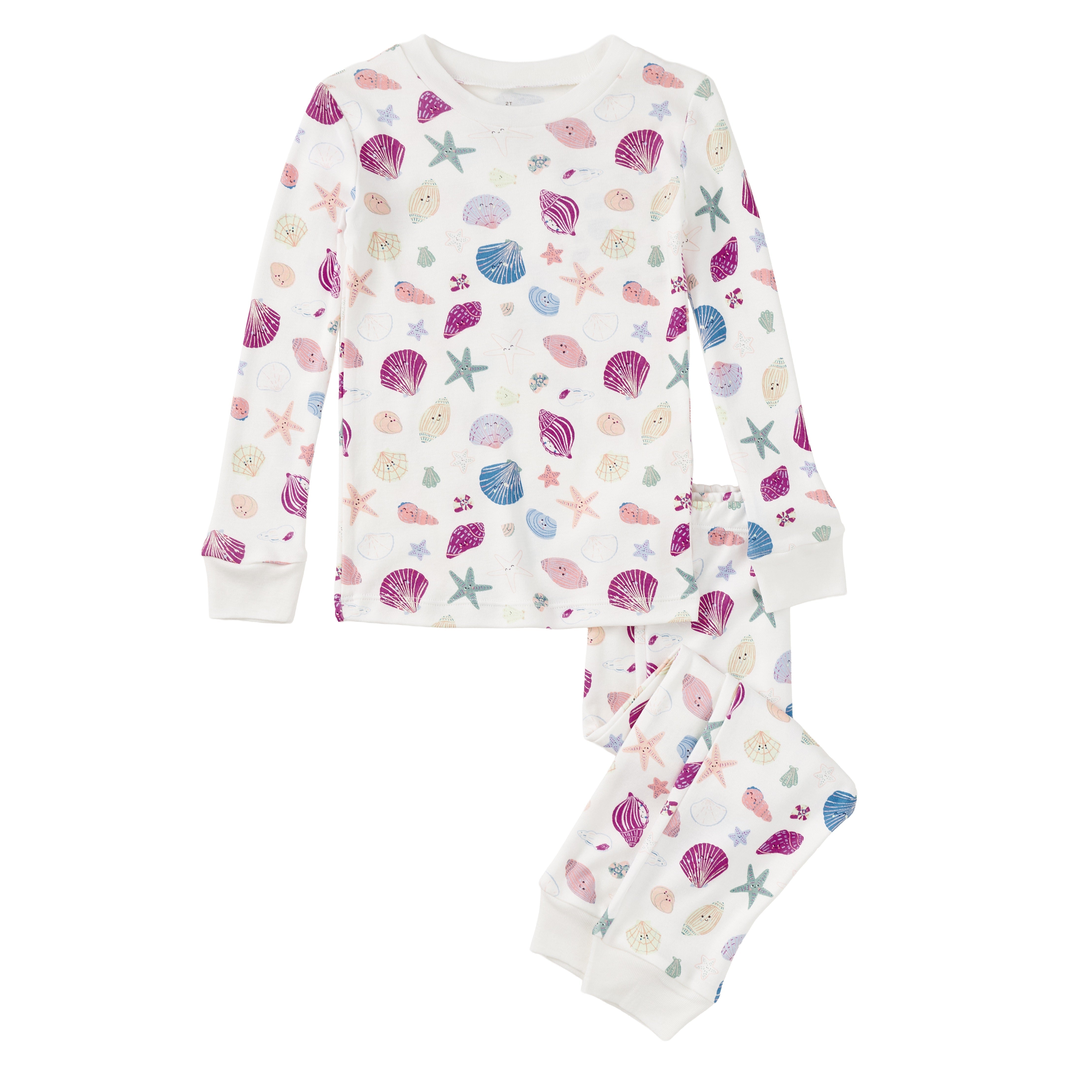 Detail shot of Apple Park Seaside Treasures bamboo organic cotton pajama set showing shell print pattern