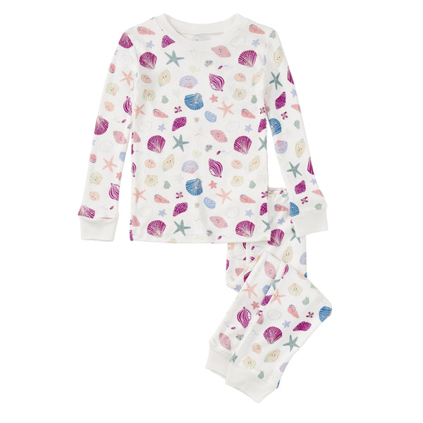 Detail shot of Apple Park Seaside Treasures bamboo organic cotton pajama set showing shell print pattern