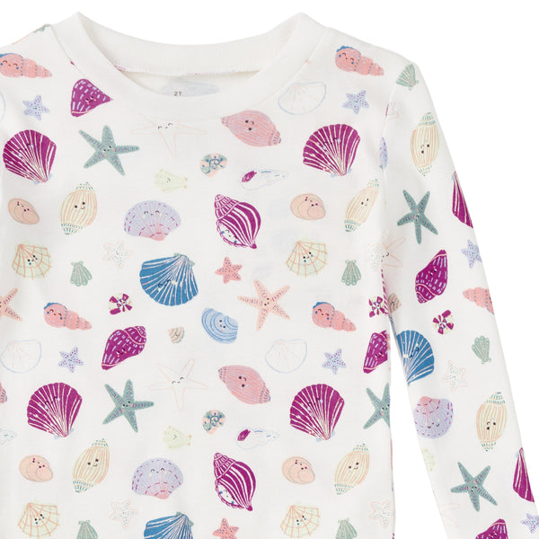 Apple Park Seaside Treasures kids pajama set laid flat — long-sleeve top and elastic waistband pants