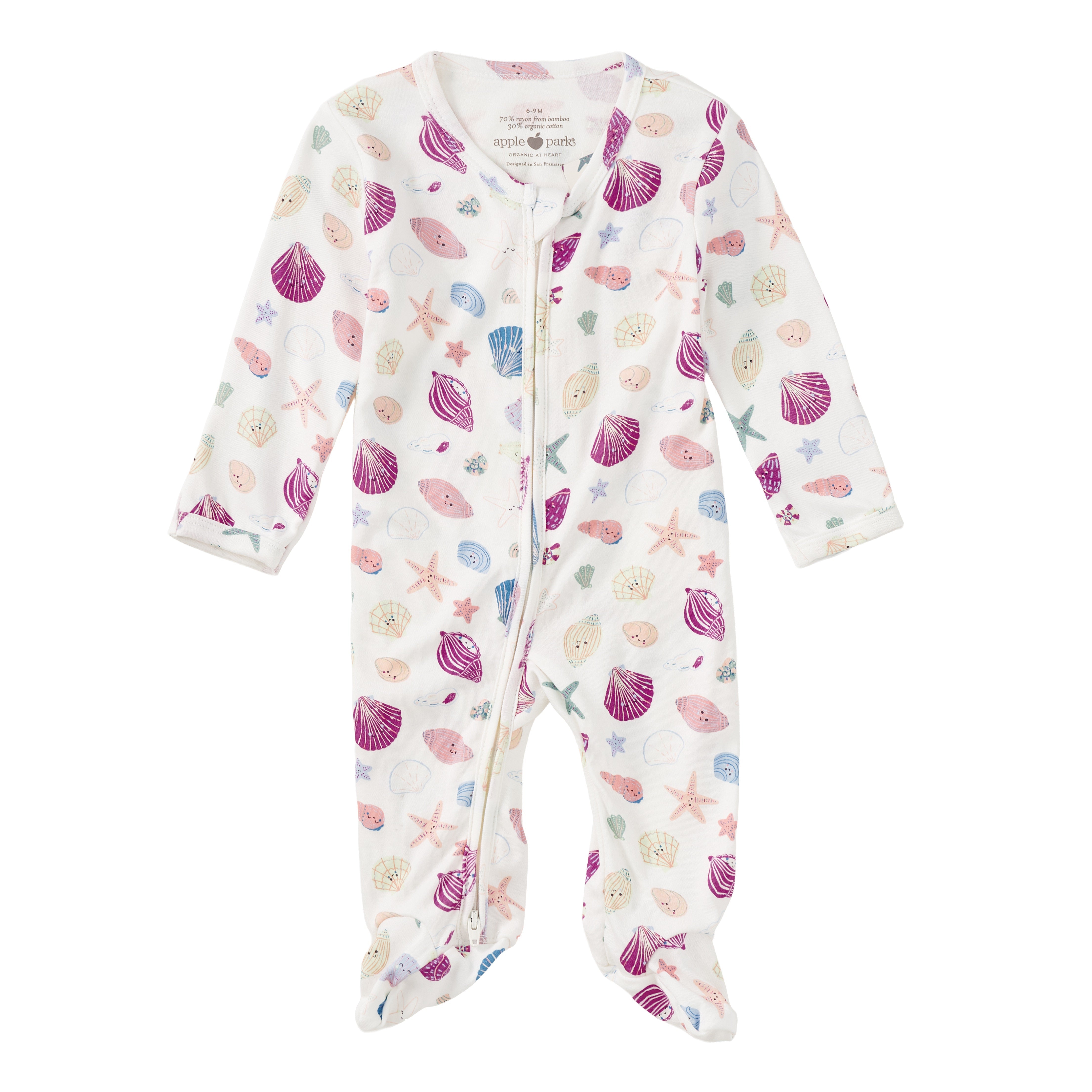 Apple Park Seaside Treasures bamboo blend zip footie baby romper with shells and starfish print