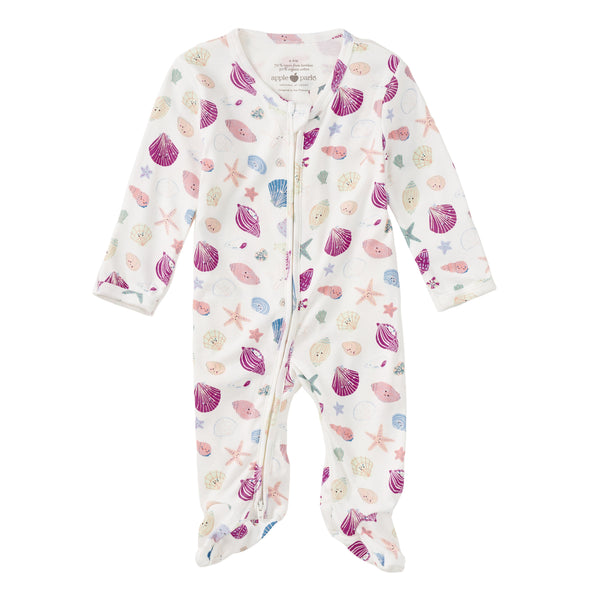 Apple Park Seaside Treasures bamboo blend zip footie baby romper with shells and starfish print