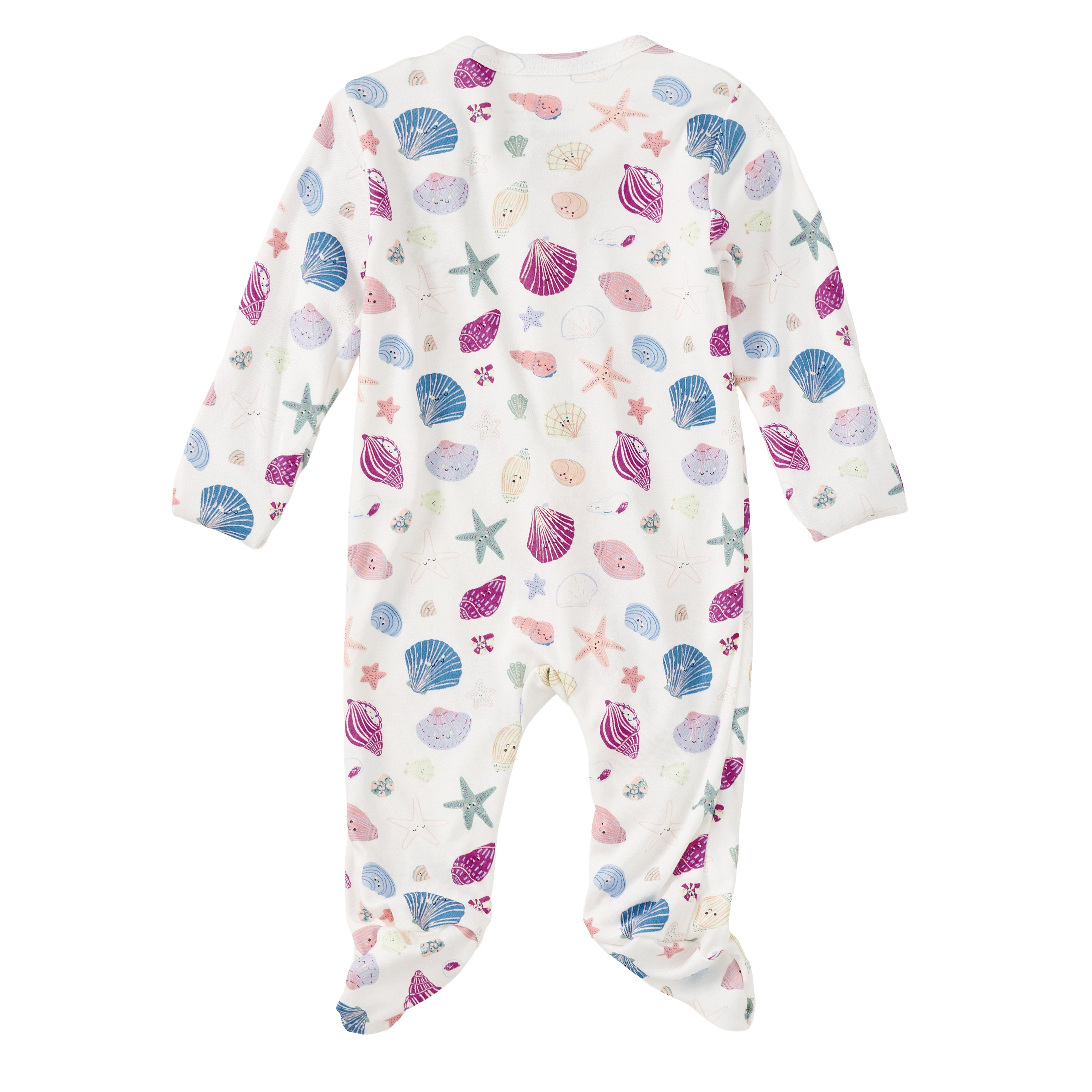 Detail view of Seaside Treasures bamboo blend zip footie fabric with shells and starfish pattern