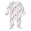 Detail view of Seaside Treasures bamboo blend zip footie fabric with shells and starfish pattern