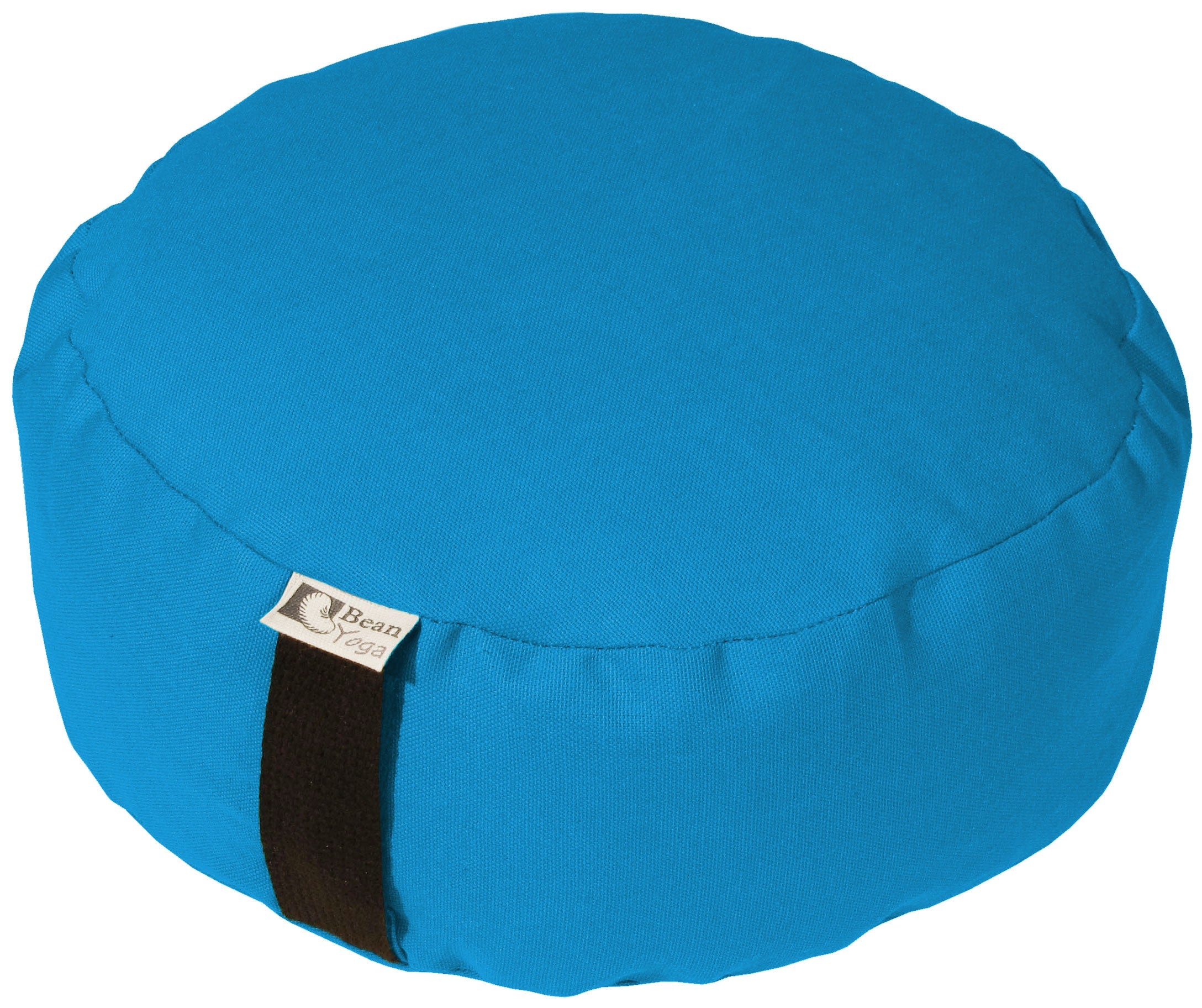Blue meditation cushion with a brand tag on a white background