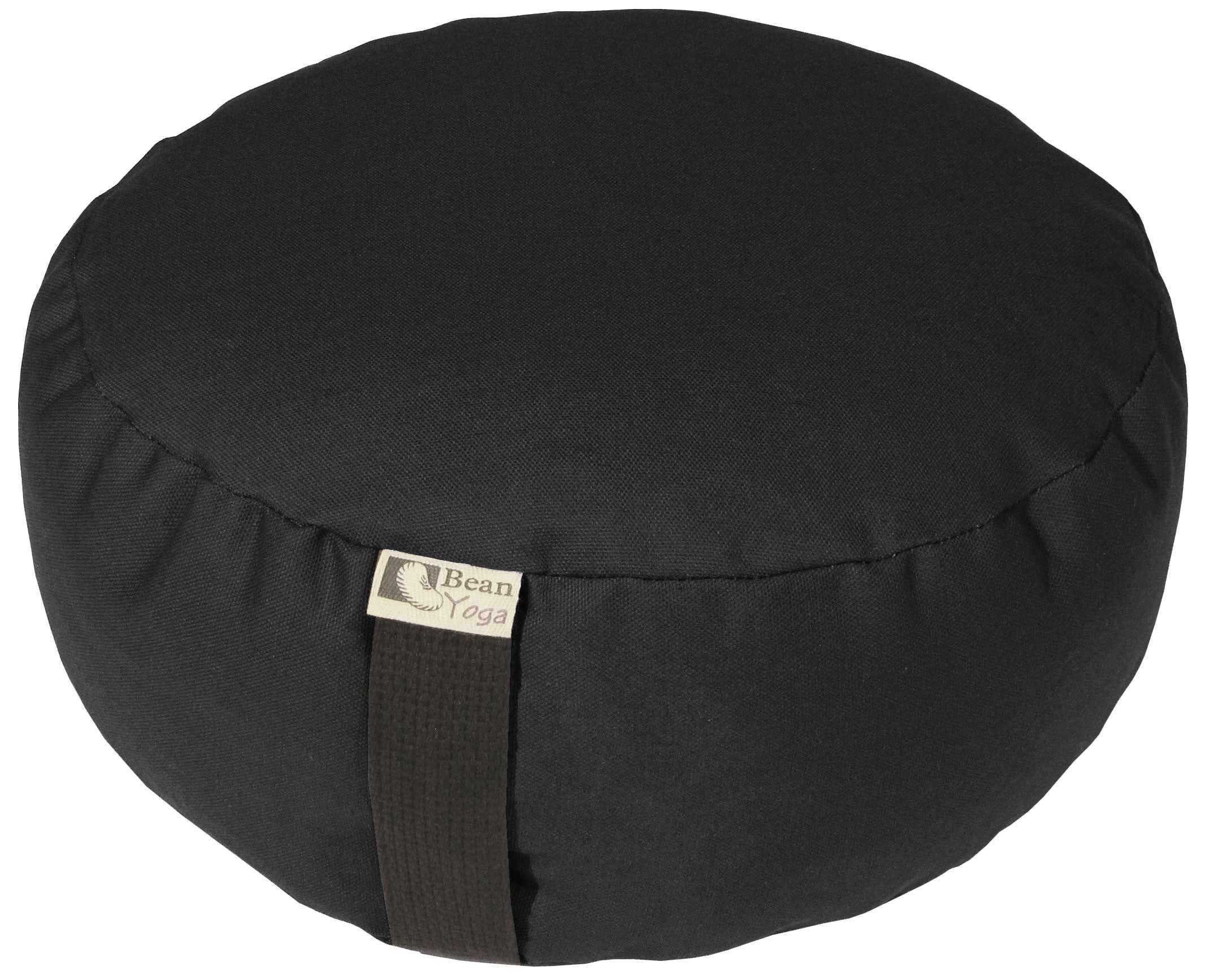 Black meditation cushion with a visible brand label on a white background