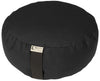 Black meditation cushion with a visible brand label on a white background
