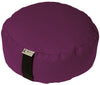 Purple meditation cushion with a brand tag on a white background
