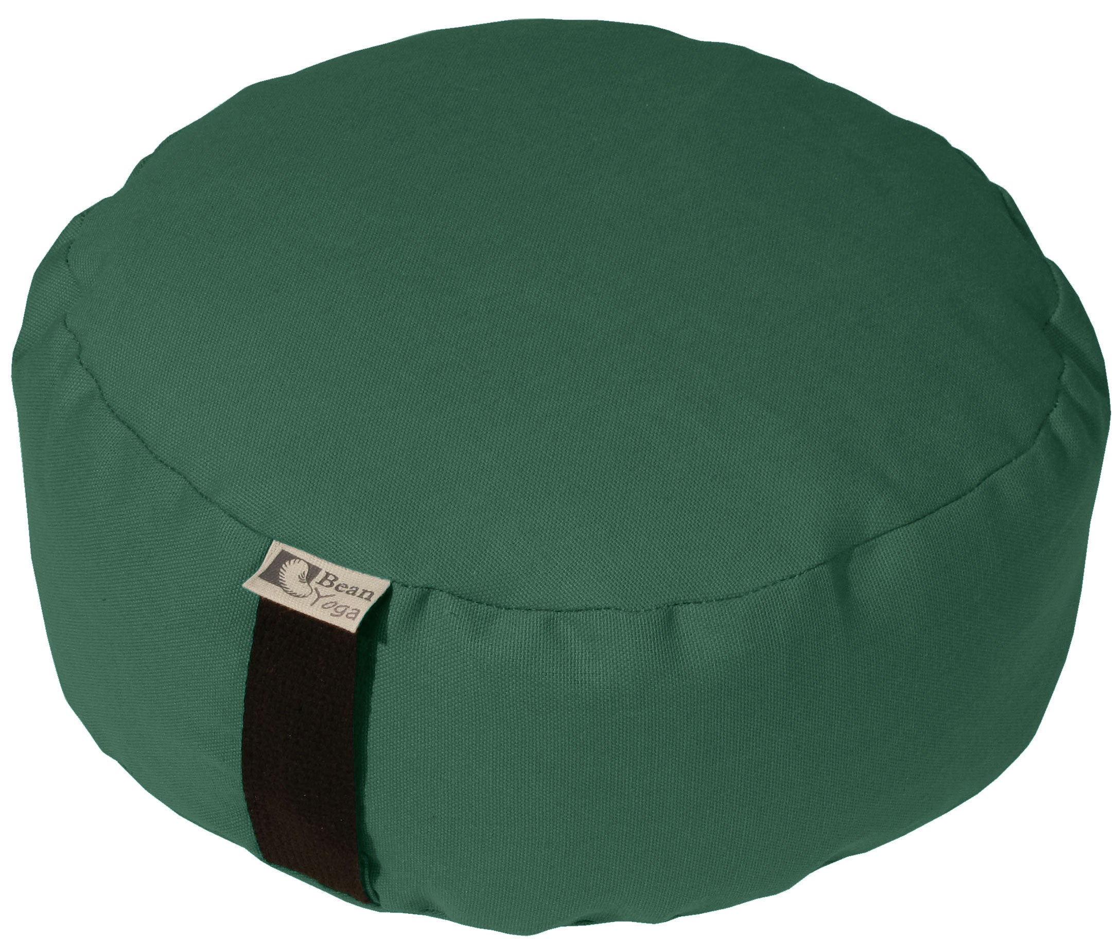Green meditation cushion with a brand label on a white background