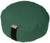 Green meditation cushion with a brand label on a white background