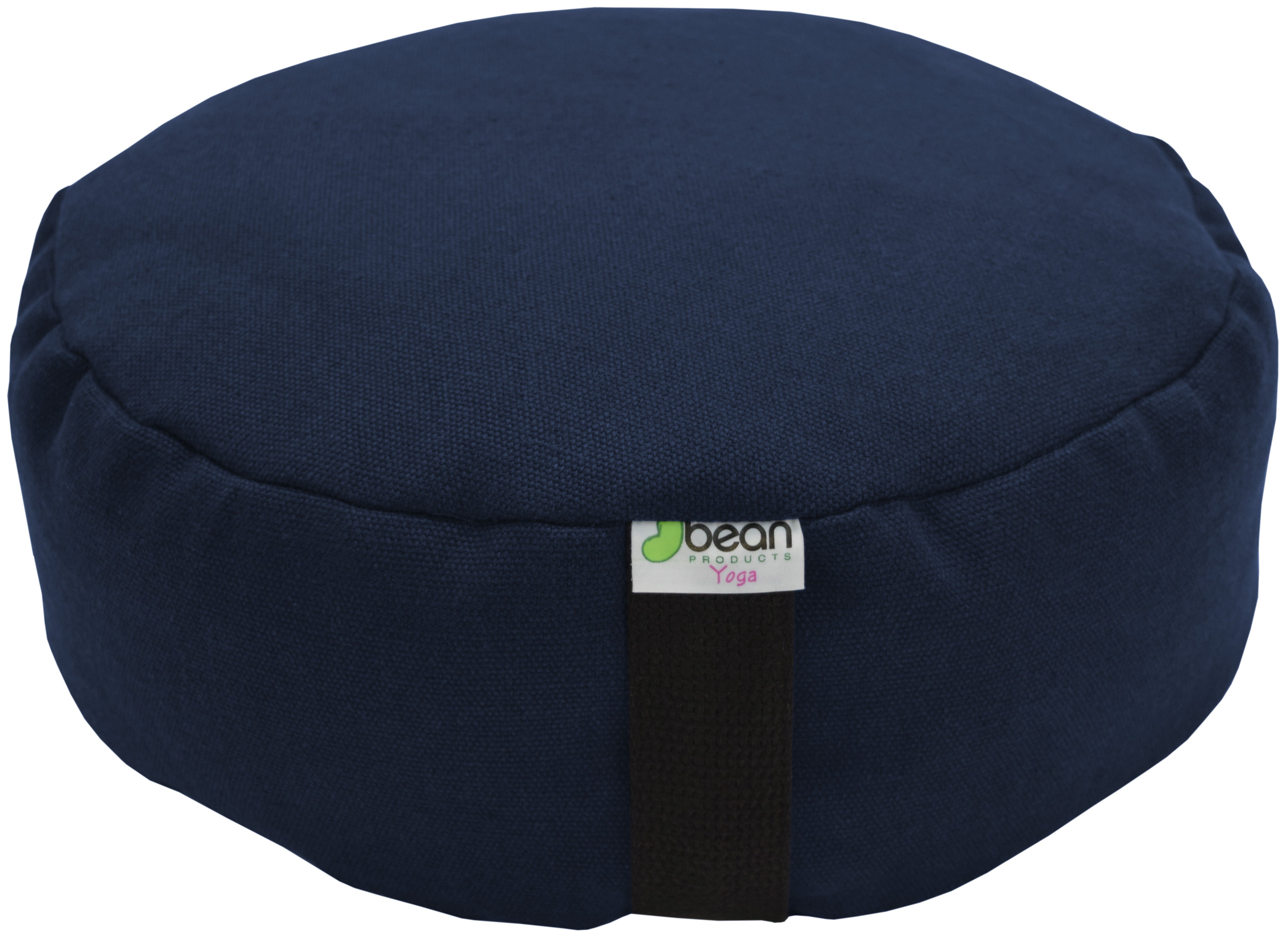 Navy blue meditation cushion with a visible brand logo on a white background