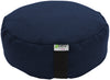 Navy blue meditation cushion with a visible brand logo on a white background