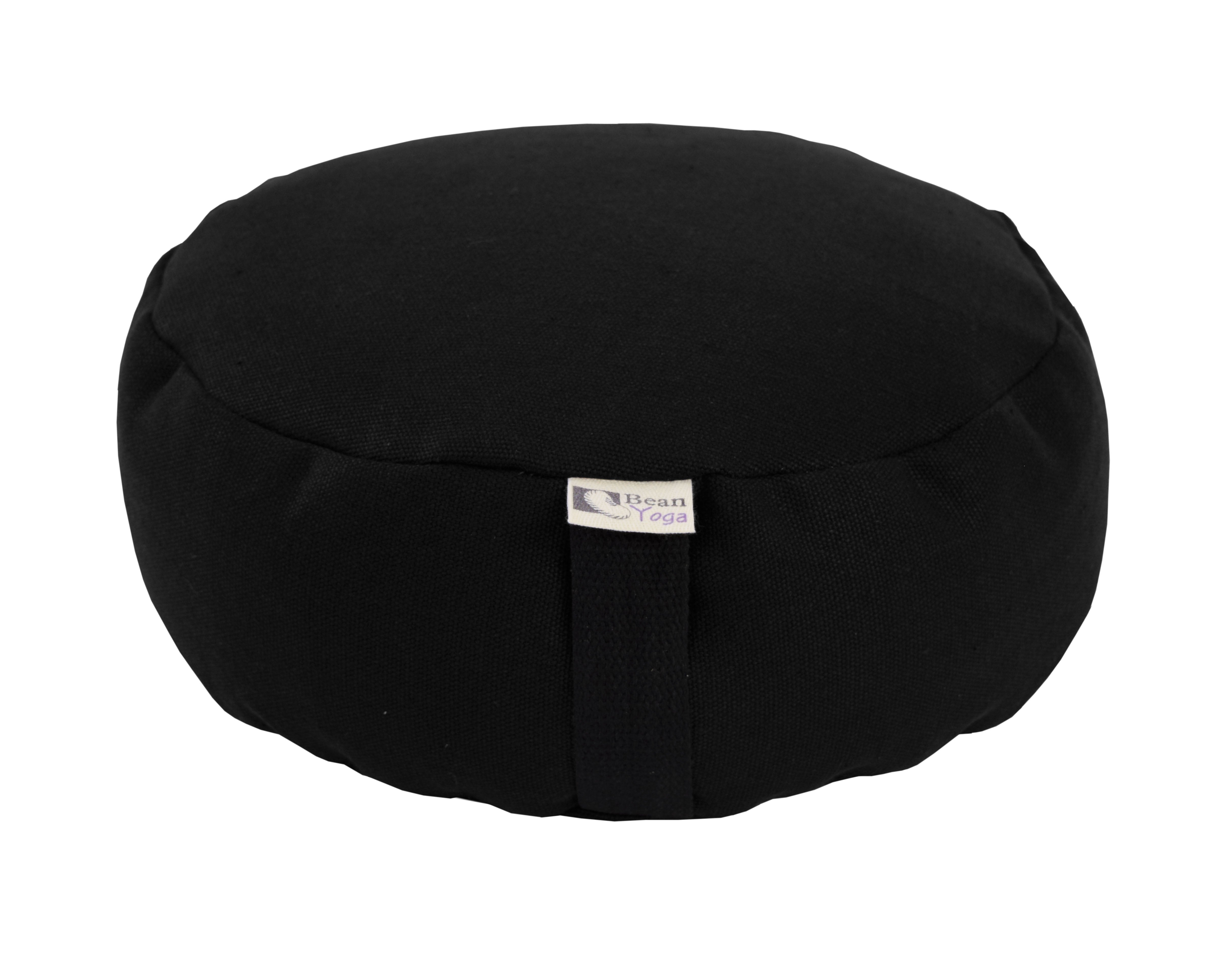 Black meditation cushion with a visible brand label on a white background