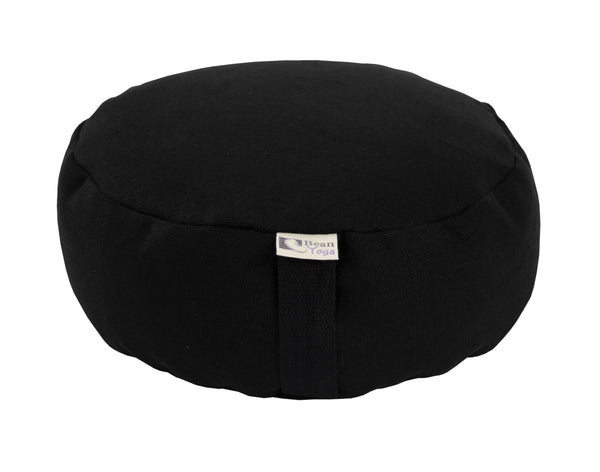 Black meditation cushion with a visible brand label on a white background