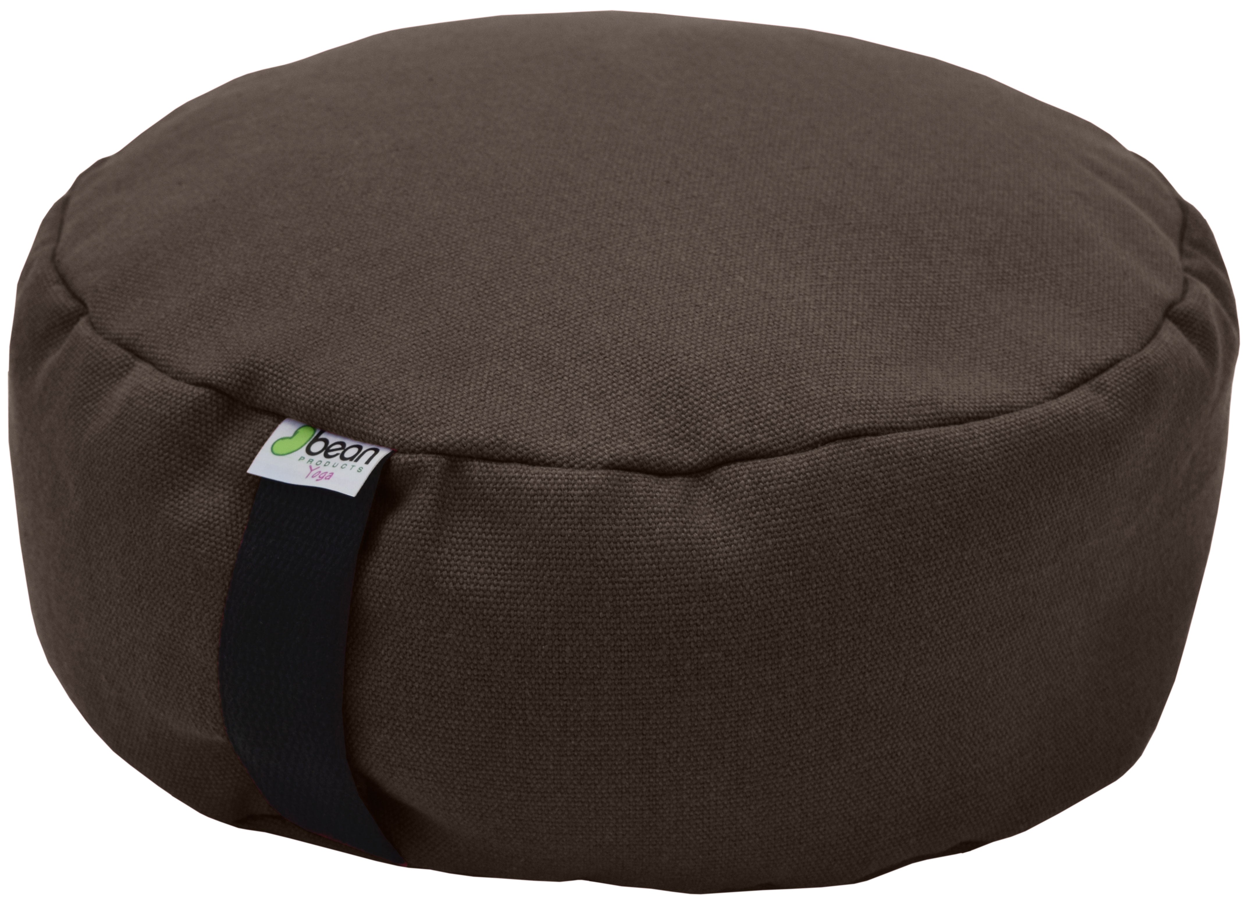 Brown meditation cushion with a visible brand logo on a white background
