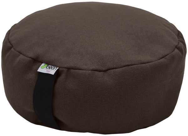 Brown meditation cushion with a visible brand logo on a white background