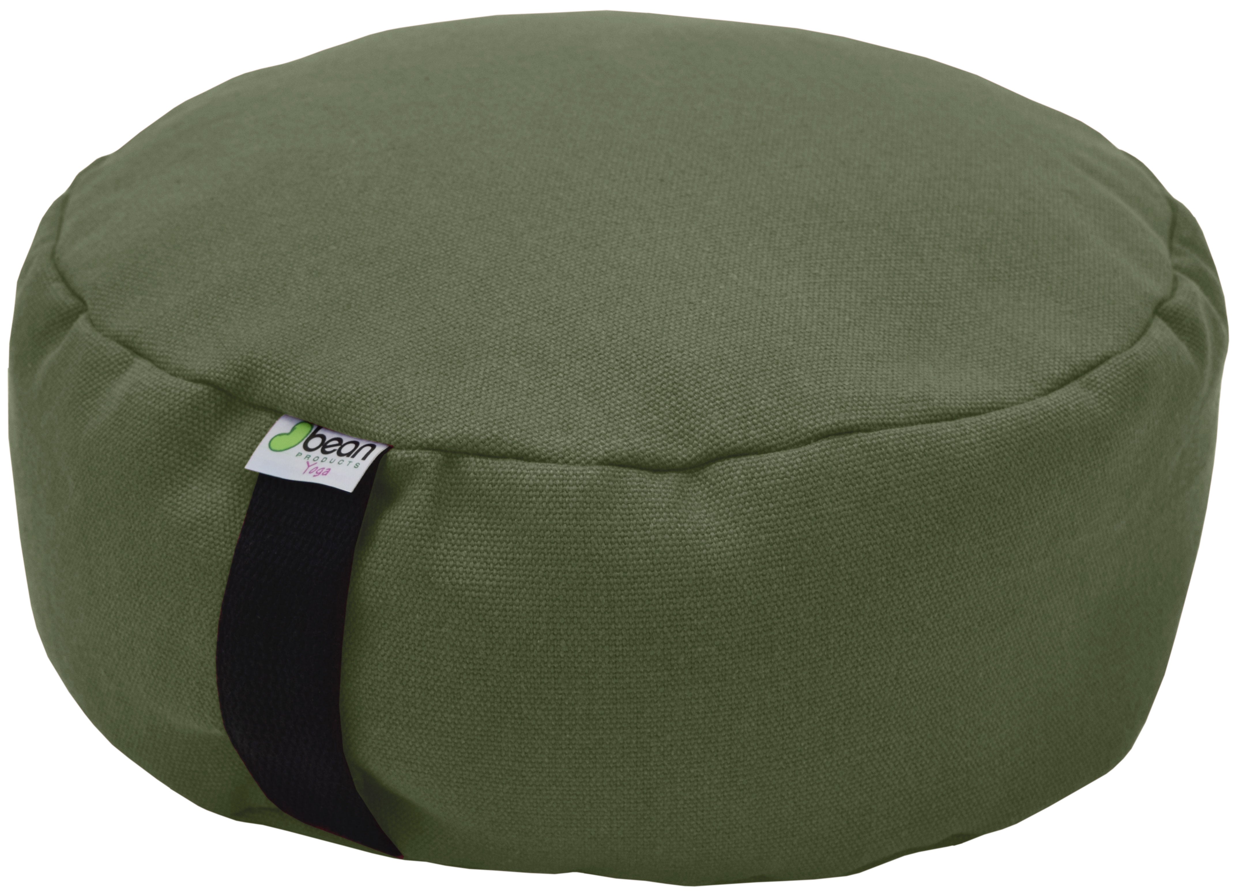 Green meditation cushion with a visible brand label on a white background