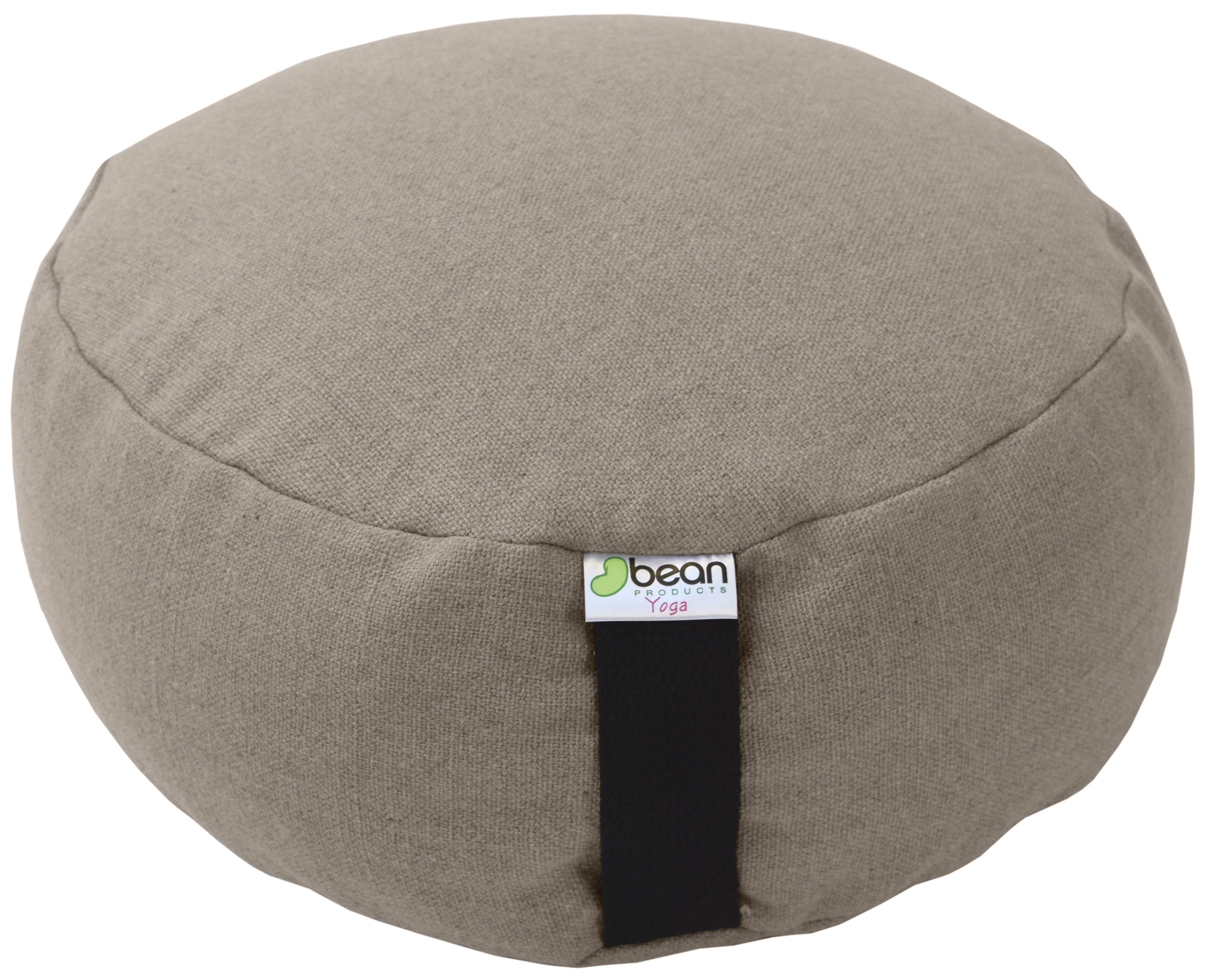 Round gray yoga cushion with a visible brand tag on a white background