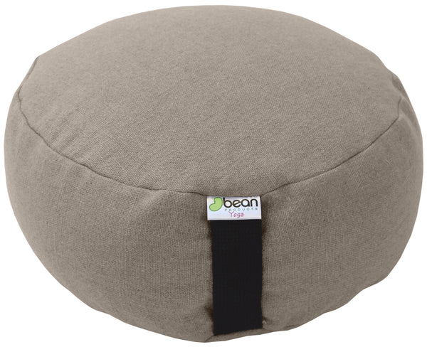 Round gray yoga cushion with a visible brand tag on a white background