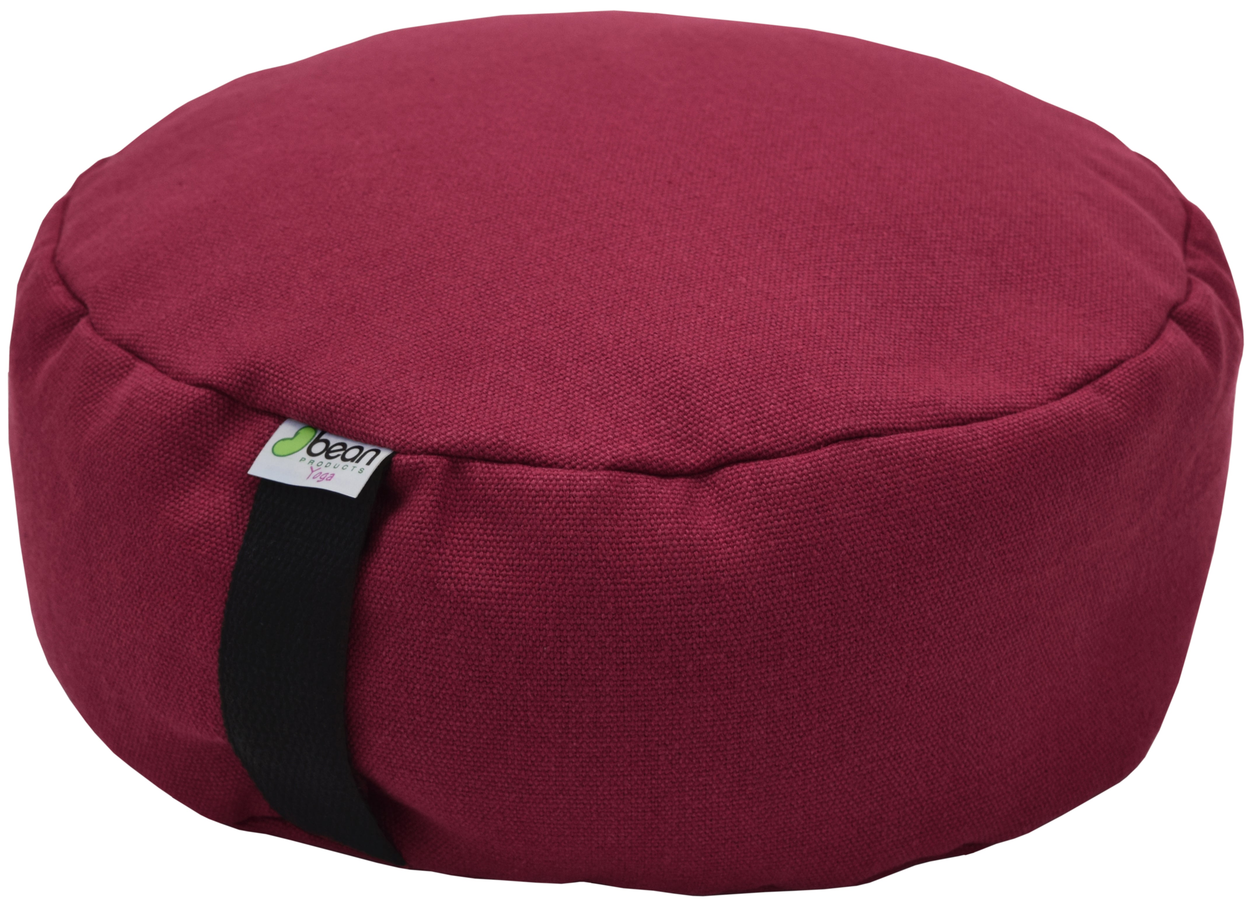 Red meditation cushion with a brand label on a white background