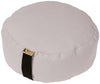 Round gray meditation pillow with a visible brand logo on a white background