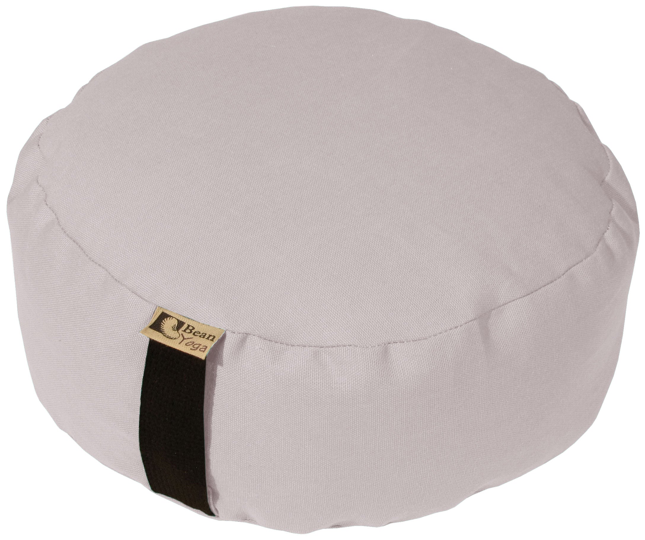 Round gray meditation pillow with a visible brand logo on a white background