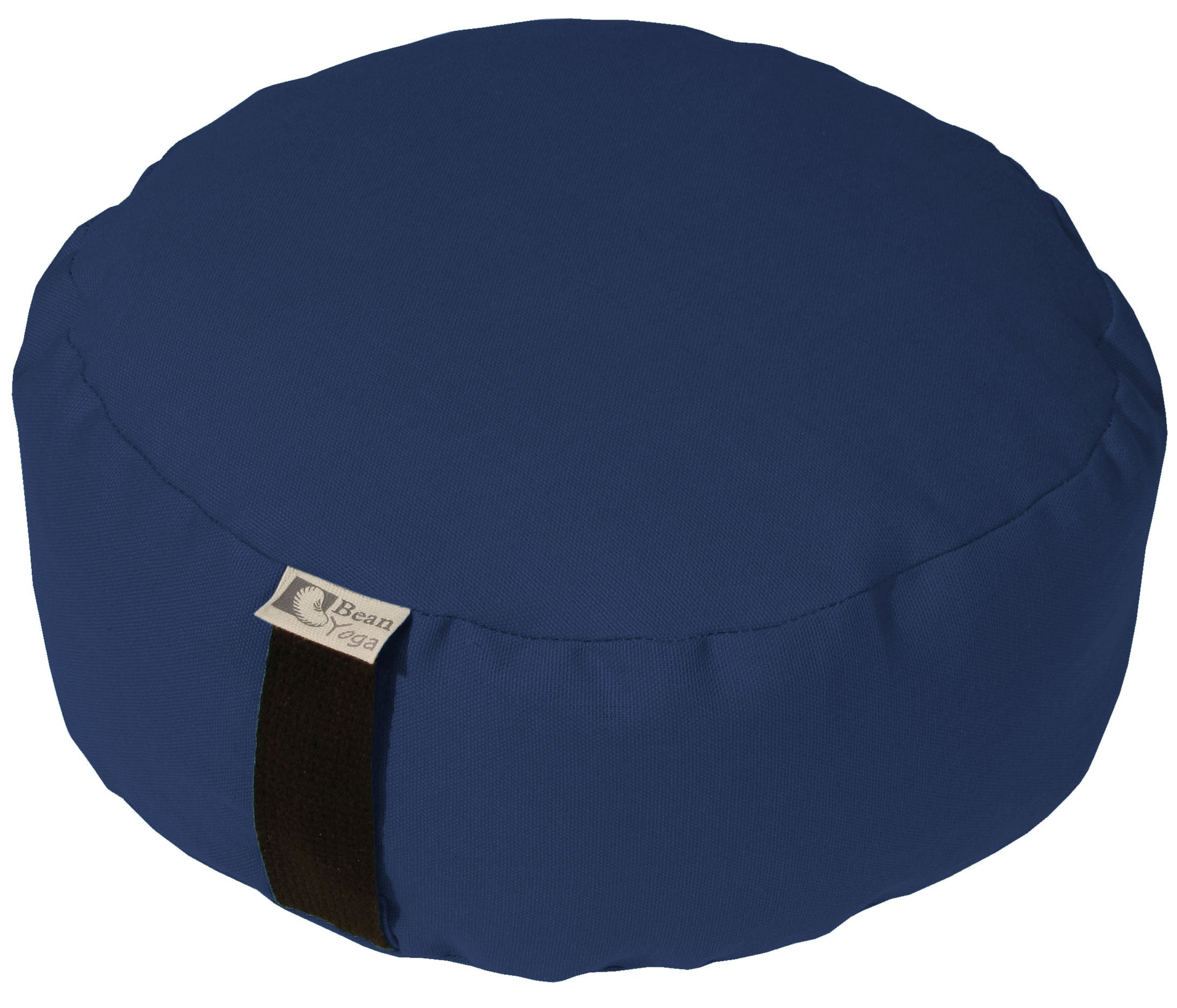 Blue meditation cushion with a visible brand label on a white background