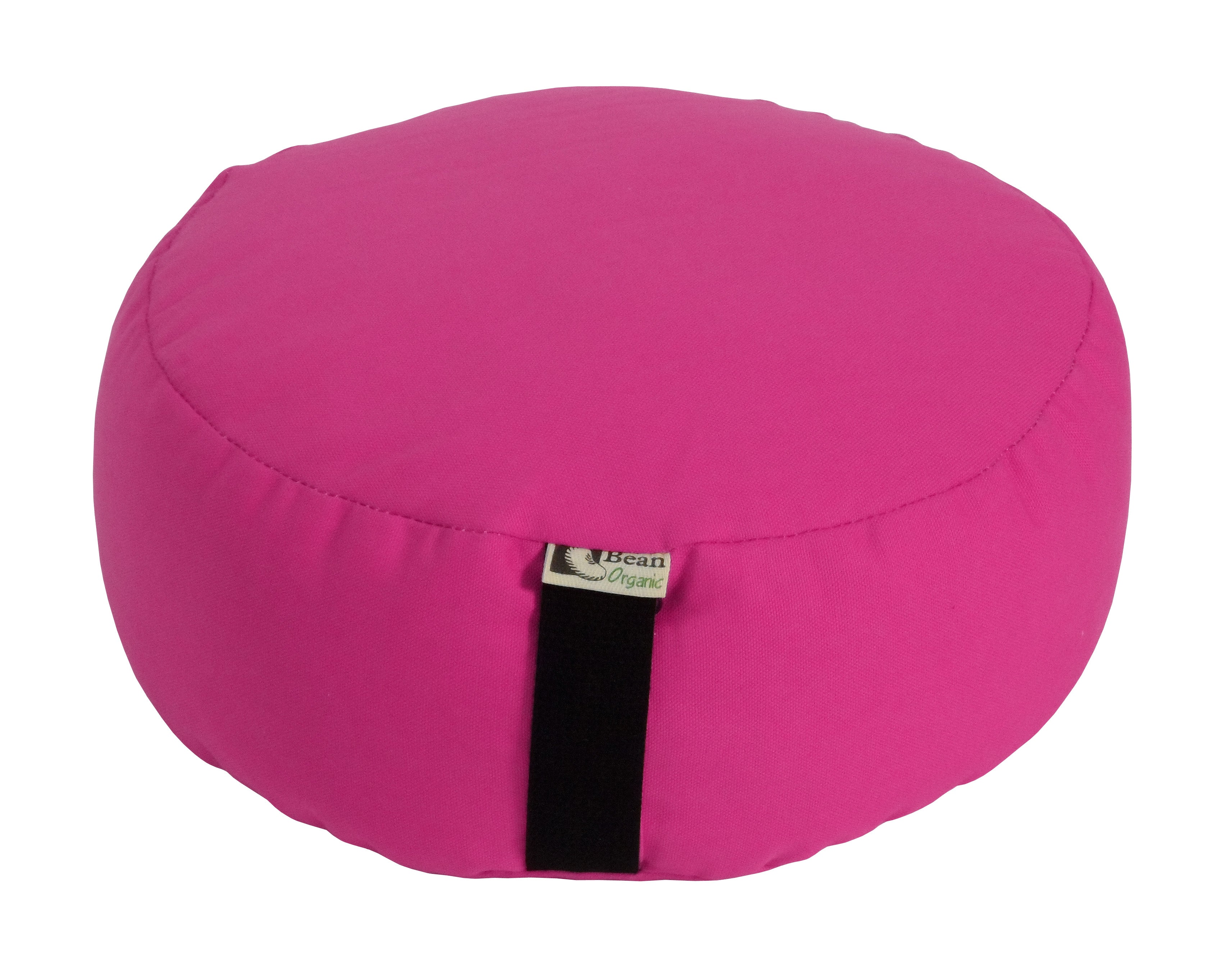 Pink meditation cushion with a black strap on a white background