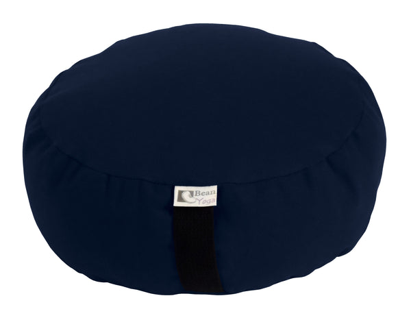 Oval organic cotton zafu meditation cushion in navy — eco-friendly buckwheat hull fill