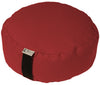 Red meditation cushion with a visible brand label on a white background