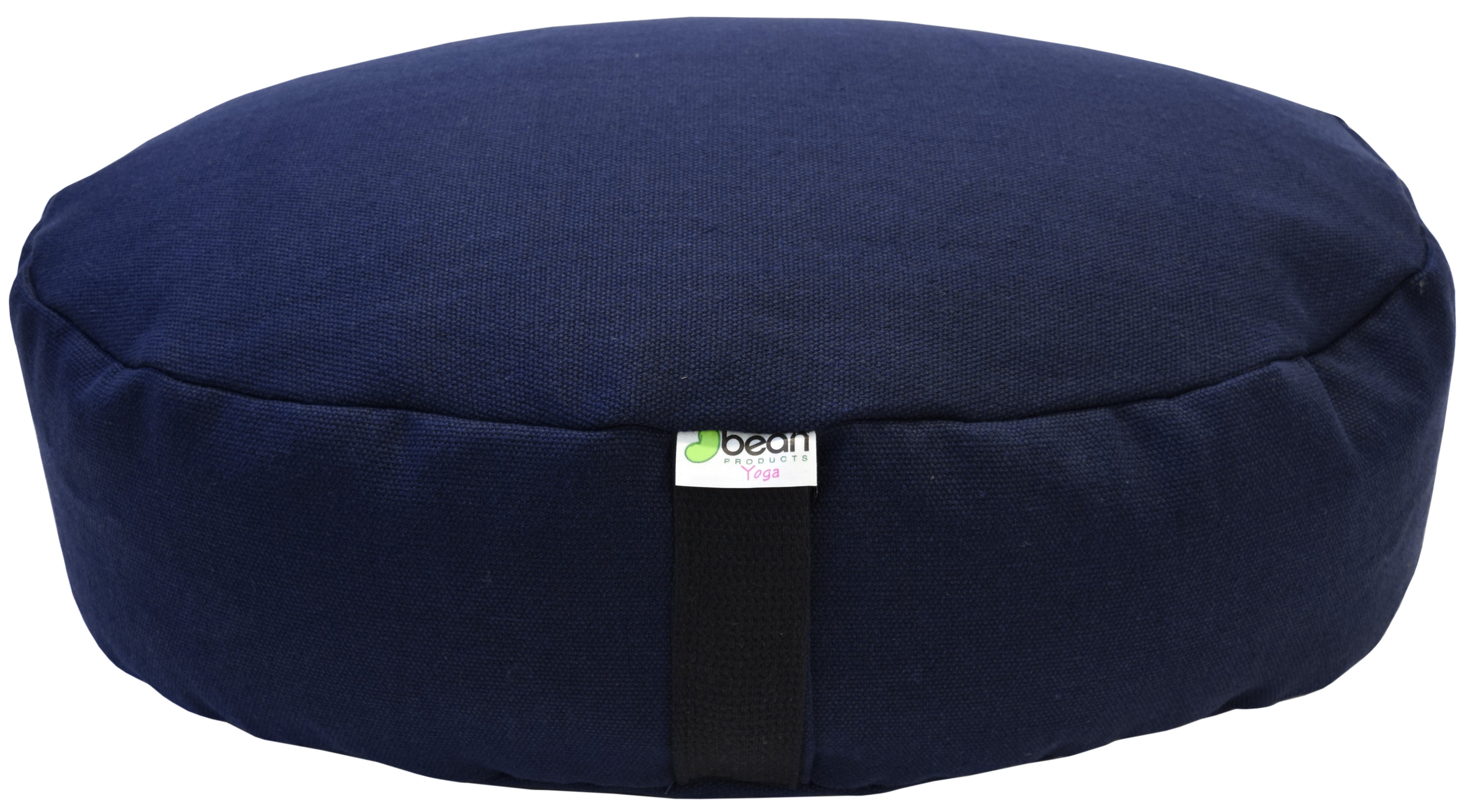 Navy blue meditation cushion with a brand logo on a white background