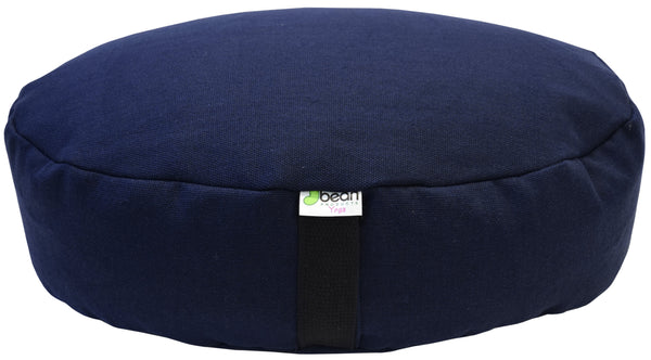 Navy blue meditation cushion with a brand logo on a white background