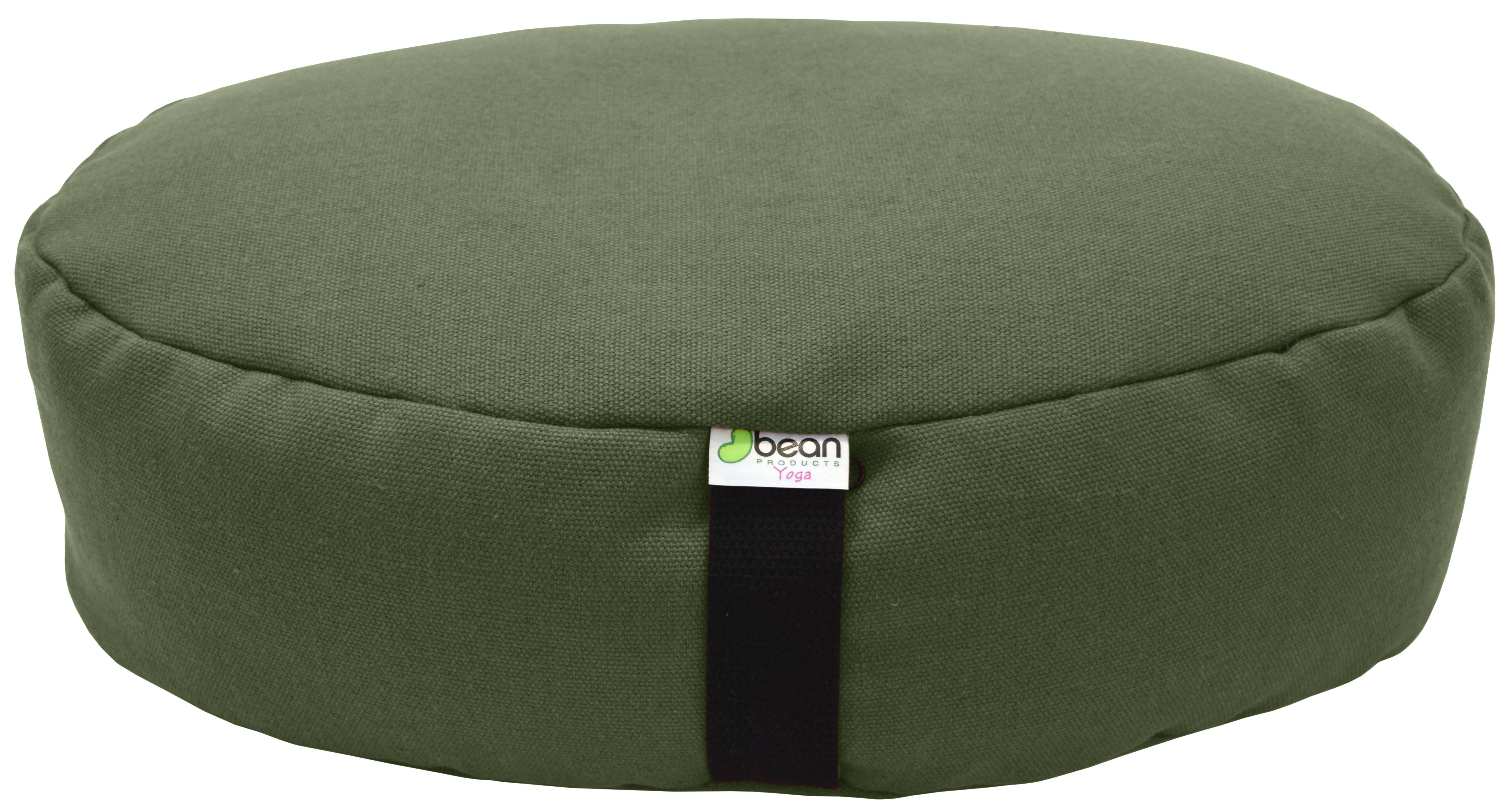 Green meditation cushion with a visible brand logo on a white background