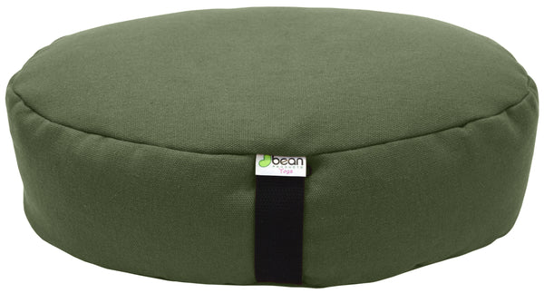 Green meditation cushion with a visible brand logo on a white background