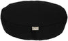 Black meditation cushion with a visible brand label on a white background