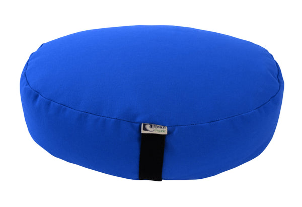 Blue meditation cushion with a visible brand logo on a white background