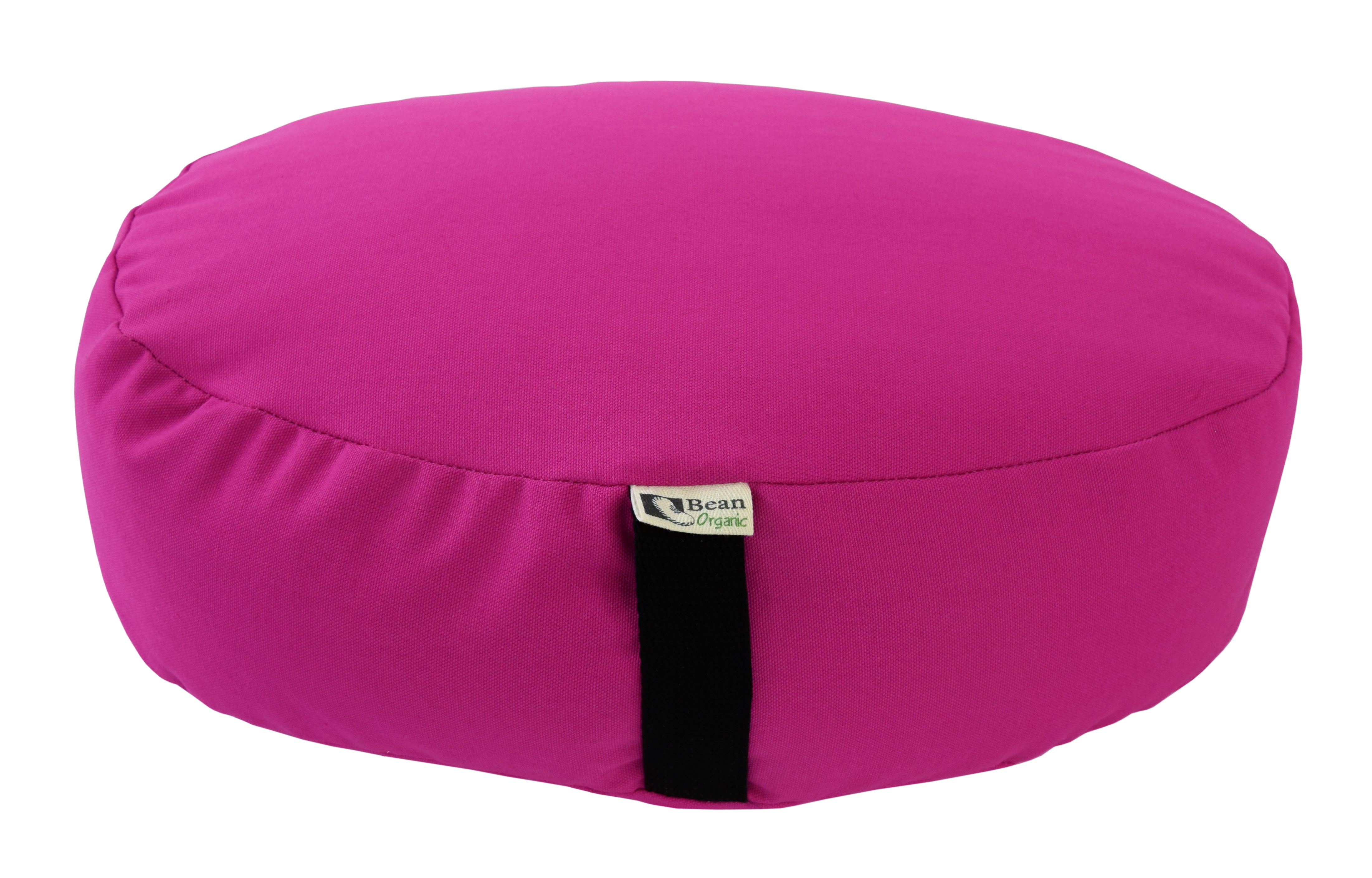 Pink bean bag with a brand label on a white background