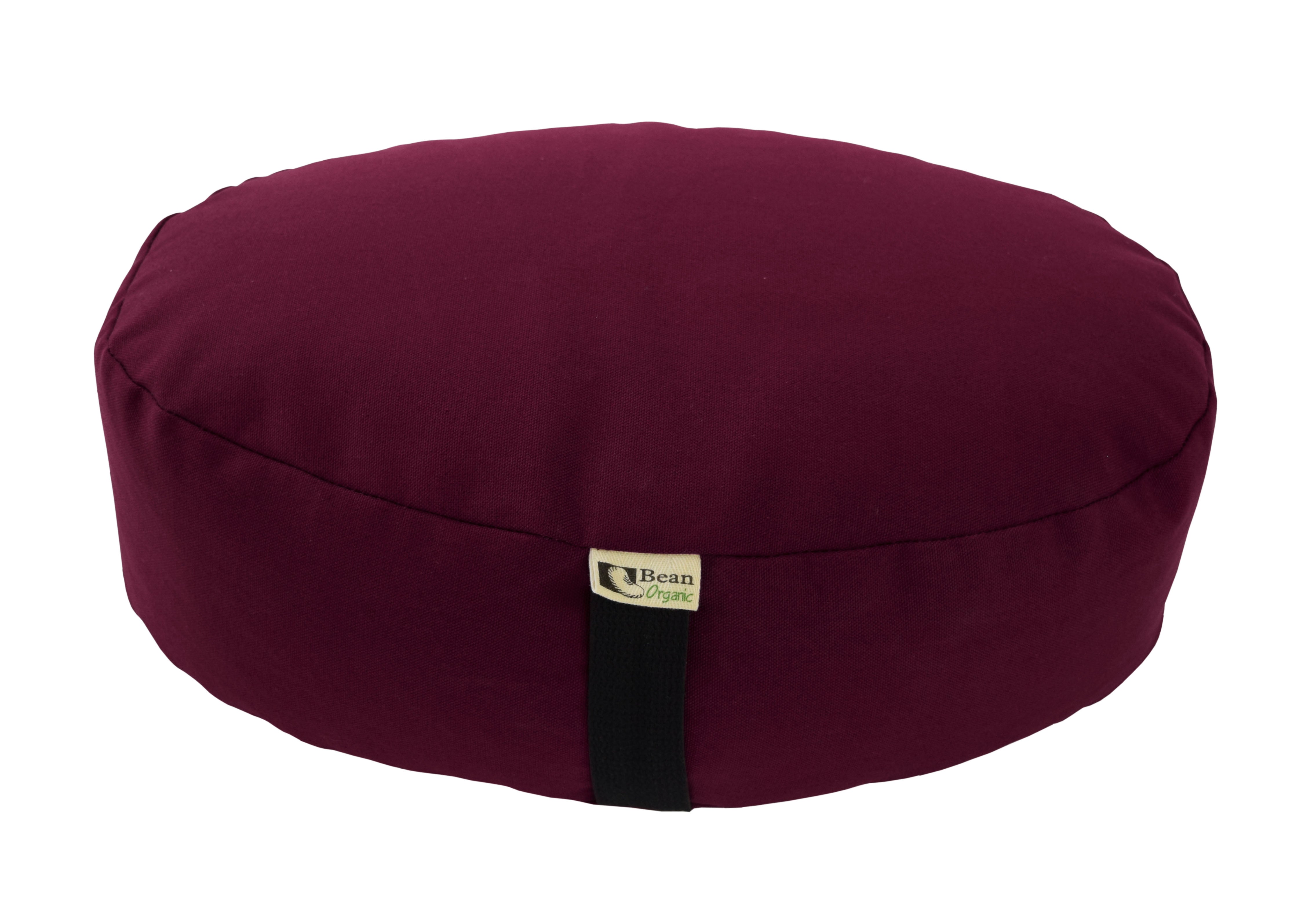 Maroon meditation cushion with a visible brand label on a white background