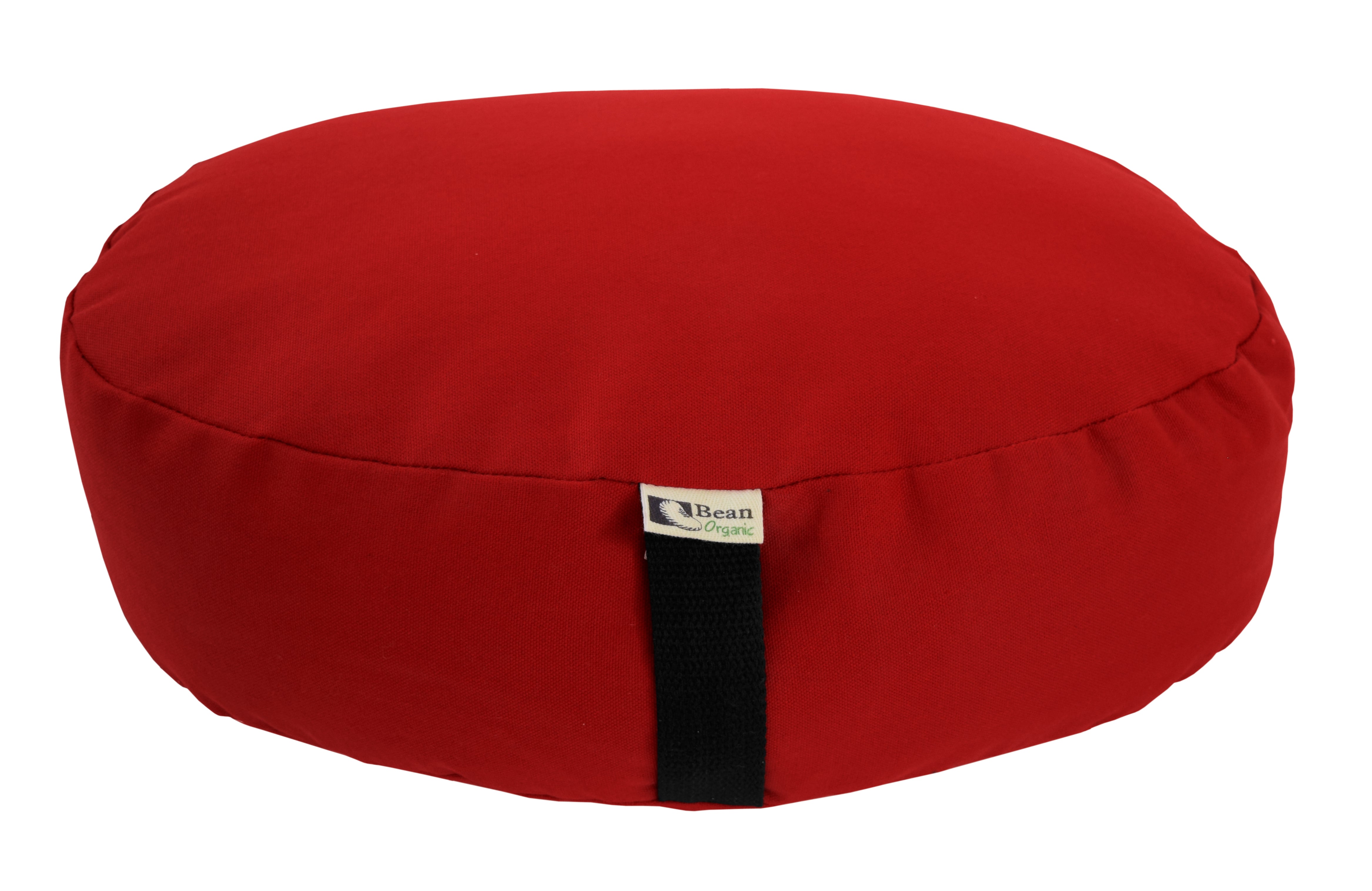 Red meditation cushion with a black strap on a white background
