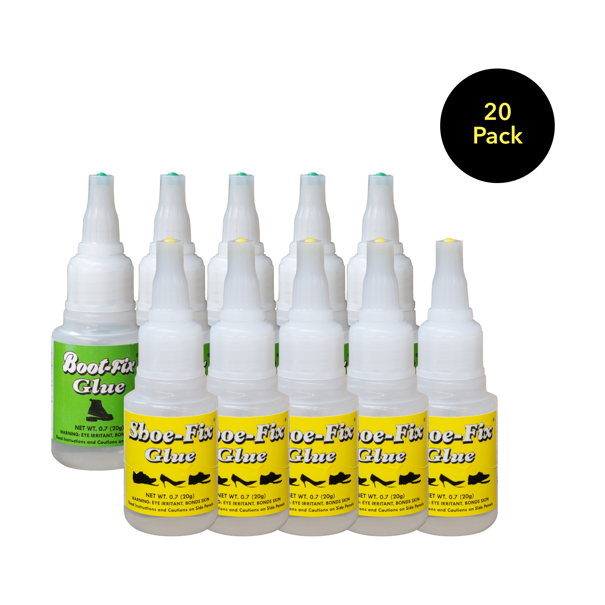 Bulk 20-pack of Boot-Fix and Shoe-Fix shoe repair glue bottles with cosmetically damaged packaging