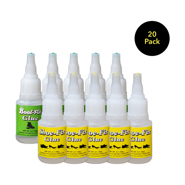 Bulk 20-pack of Boot-Fix and Shoe-Fix shoe repair glue bottles with cosmetically damaged packaging