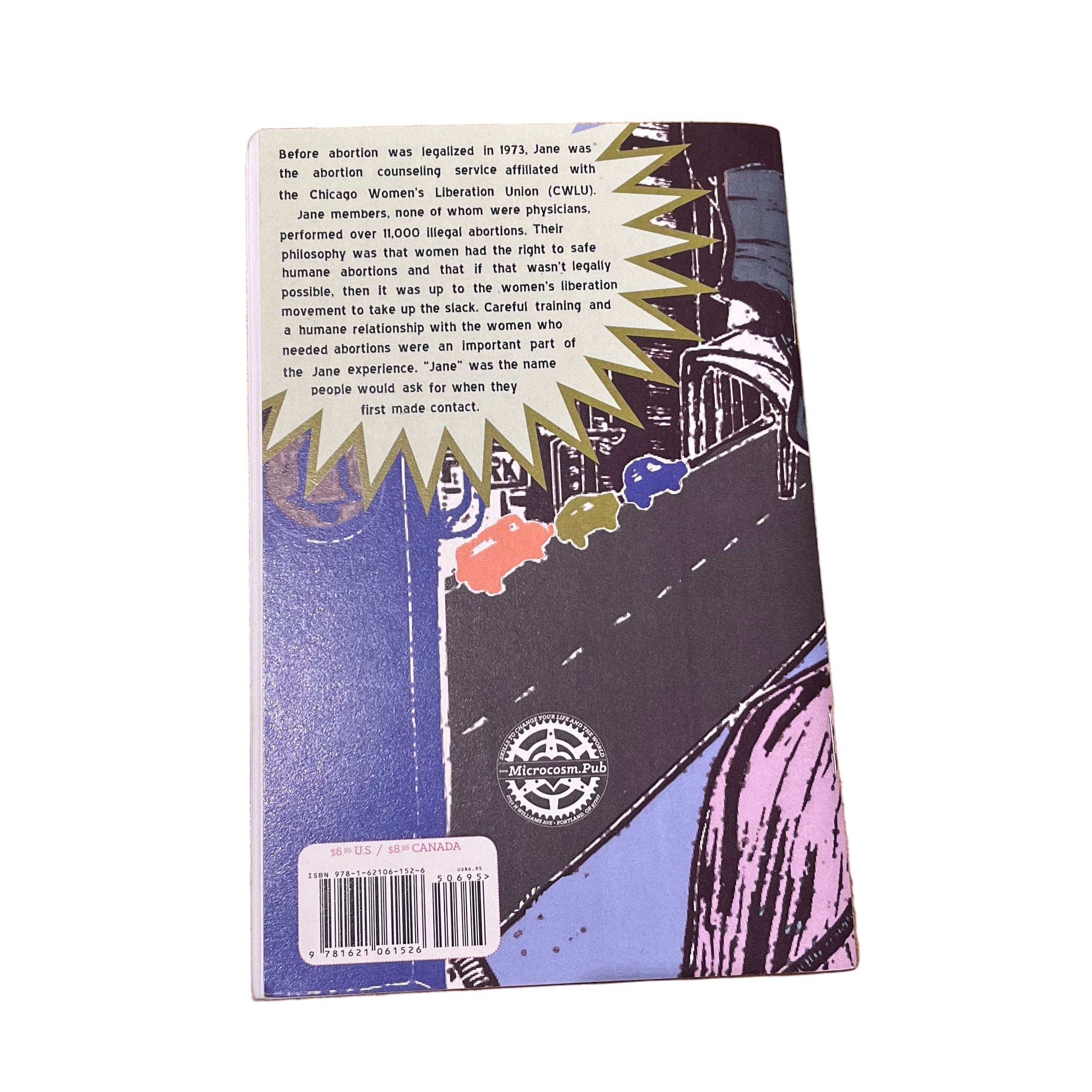 Colourful illustrated insert card from the Jane zine by Microcosm Publishing, displayed on a wooden surface